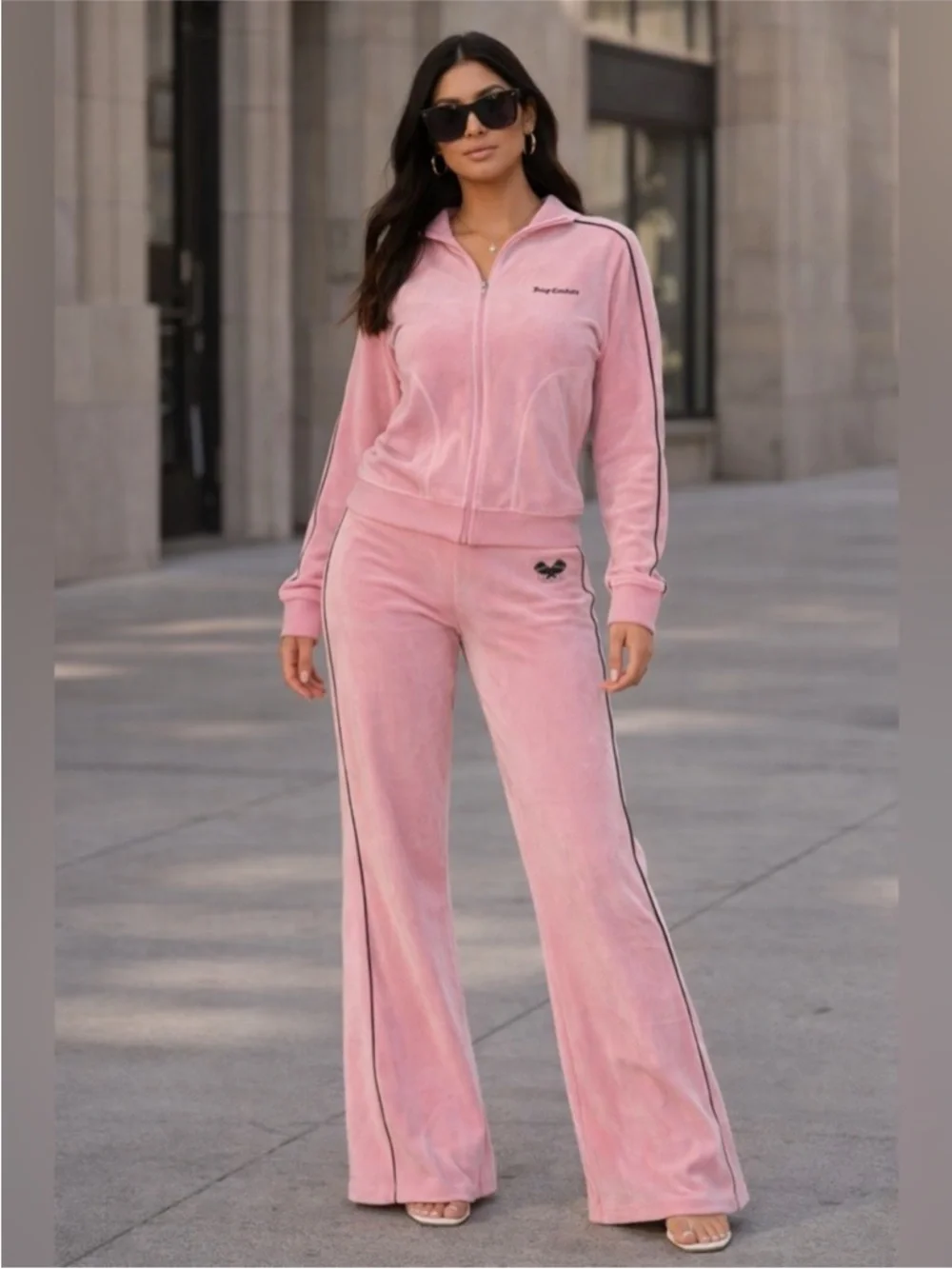Juicy Couture Pink Velour Wide-Leg Track Pants with Blue Side Stripes - Picture 11 of 11